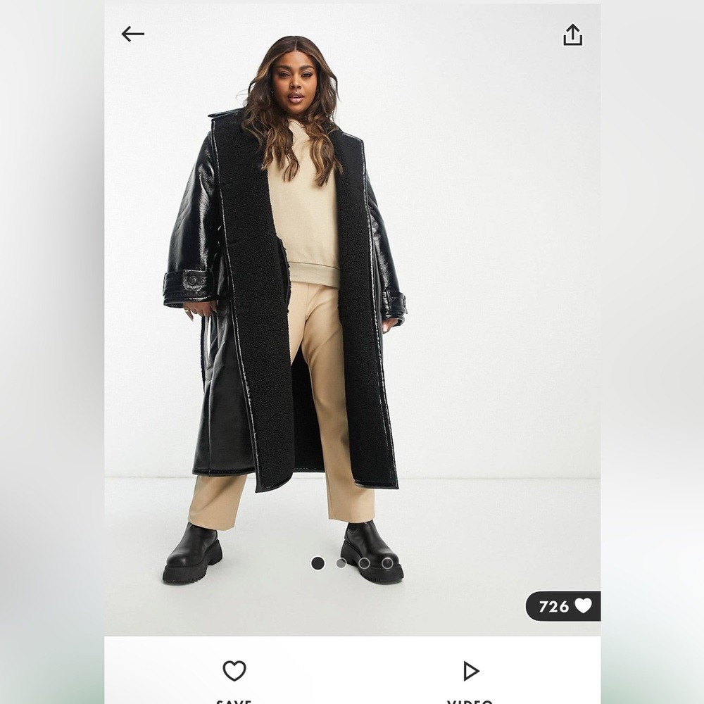 ASOS DESIGN Curve oversized bonded borg and vinyl trench coat in black *NEW*
